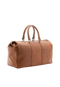 Bruine leren reistas met twee handvatten aan de bovenkant, een ritssluiting en een gladde textuur. Kenmerkt verticale stiksels en accenten in goudkleurig metaal.