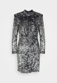 Mini-robe noire et argentée à sequins avec manches longues, col montant et épaules légèrement rembourrées.