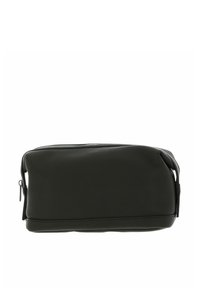 Trousse de toilette en cuir grainé vert foncé avec une fermeture éclair. Forme rectangulaire, texture lisse, dotée de fermetures éclair latérales et d'une base renforcée.