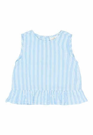 Top sin mangas de color azul claro con rayas verticales blancas, escote redondo y dobladillo con volantes en la parte inferior, fabricado en un tejido suave y ligero.