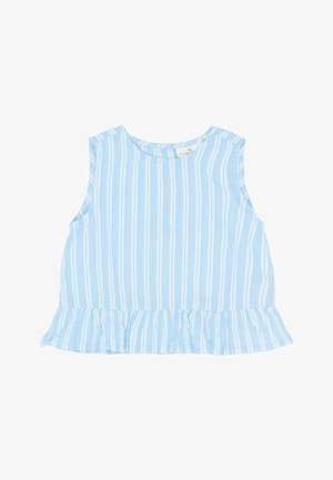 Top sin mangas de color azul claro con rayas verticales blancas, escote redondo y dobladillo con volantes en la parte inferior, fabricado en un tejido suave y ligero.