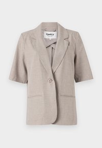 Beige blazer s krátkým rukávem vyrobený z texturované látky, s jedním knoflíkem, dvěma předními kapsami a klopami.