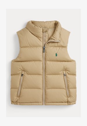 Beige puffer vest med høy krage, frontlås og to glidelåslommer. Har en liten grønn logo på venstre bryst.