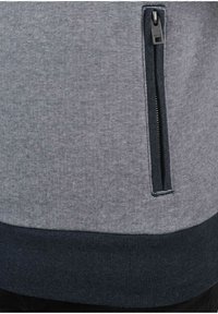 Grau gestreifter Sweatshirt mit einem dunklen gerippten Saum und einem seitlichen Reißverschluss, aus weicher Stoff mit einer strukturierten Oberfläche.