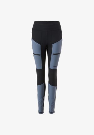 Slim-fit atletikleggings i sort og blå med lynlåslommer på lårene og høj talje, designet til udendørs- eller sportsaktiviteter.