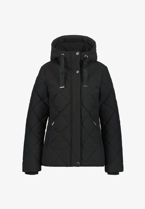 Schwarze, gesteppte Winterjacke mit Kapuze, Frontreißverschluss, der durch eine Knopfleiste verdeckt ist, mit seitlichen Reißverschlusstaschen und verstellbaren Zugbändern an der Kapuze.