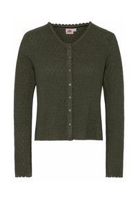 Gilet en laine tricoté vert foncé avec un motif texturé, un col en forme de coquille, et sept boutons ronds sur le devant. Manches longues.
