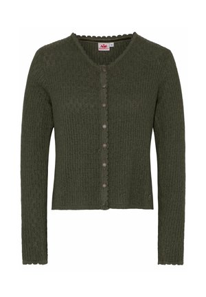 Dunkelgrüne Strickjacke mit strukturiertem Muster, gewelltem Ausschnitt und sieben runden Knöpfen auf der Vorderseite. Lange Ärmel.