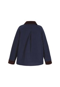 Marineblå jakke med en brun fløjlskrave og -manchetter, med en rygslids og en afslappet, oversized pasform. Glat stofstruktur.