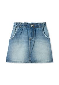 Jeansowa spódnica mini z delikatnym niebieskim gradientem, elastycznym pasem, dwiema bocznymi kieszeniami i postrzępionym hemem, idealna na co dzień.
