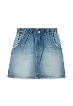 Gonna mini in denim con una gradazione di blu chiaro, vita elastica, due tasche laterali e orlo sfrangiato per uno stile casual.