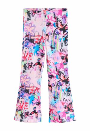 Bővülő szárú leggingsek rugalmas, könnyű anyagból, élénk, több színű virág- és pillangómintával rózsaszín alapon.