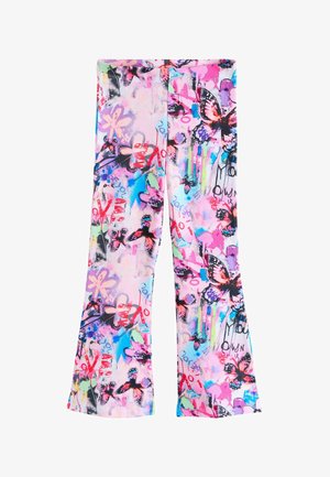 Colanți evazați dintr-un material elastic și ușor, cu un model vibrant multicolor de flori și fluturi pe un fond roz.