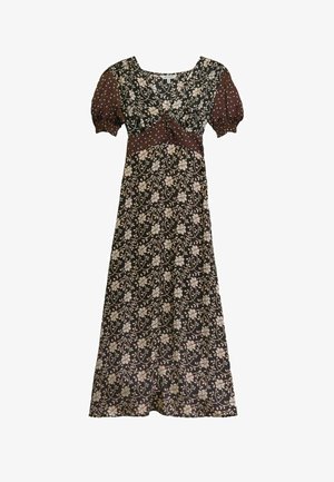 Ruskea kukallinen maksimekko, jossa on röyhelöiset lyhyet hihat valkoisilla pisteillä, V-pääntie ja istuva vyötäröpaneeli.