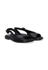 Schwarze Leder-Slingback-Sandalen mit offener Zehe, flacher Sohle, verstellbarem Riemen, glatter Textur und minimalistischem Design.