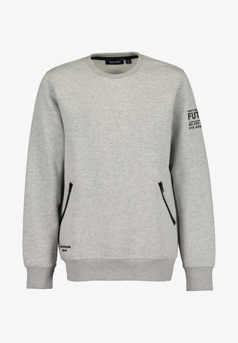 Sweat-shirt gris clair à manches longues avec col rond, deux poches zippées noires à l'avant, et texte noir sur la manche gauche et le bas devant.
