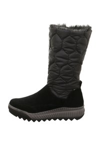 Czarne buty z pikowaną, błyszczącą cholewką; sztuczny futrzany wykończenie u góry; teksturowana czarna zamszowa dolna część; gumowa podeszwa z bieżnikiem w kształcie zygzaka.