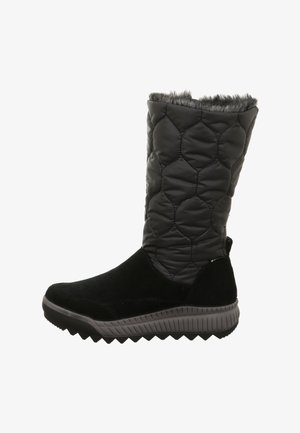 Stivale nero con parte superiore trapuntata e lucida; bordo in pelliccia sintetica nella parte superiore; parte inferiore in suede nero testurizzato; suola in gomma con motivo a zigzag.