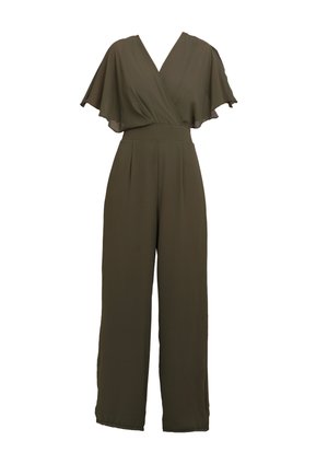 Olivengrøn jumpsuit med V-udskæring og flæseærmer. Bredbenet design med plisseringer ved taljen, lavet af et glat, let stof.