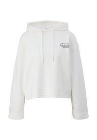 Weißer, kurz geschnittener Hoodie mit einer Kordelzugkapuze und langen Ärmeln. Mit gesticktem Text auf der linken Brust. Hergestellt aus weichem Baumwollmischmaterial.