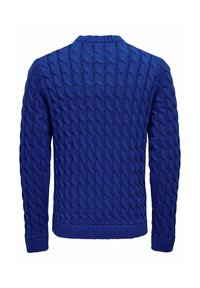 Blå strikket sweater med et kabelstrikk mønster, ribbet halsudskæring, manchetter og kant. Det strukturerede stof giver en hyggelig fremtoning.