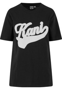 Čierne bavlnené tričko s veľkým bielym stylizovaným logom "Kani" na prednej strane. Krátke rukávy a okrúhly výstrih.