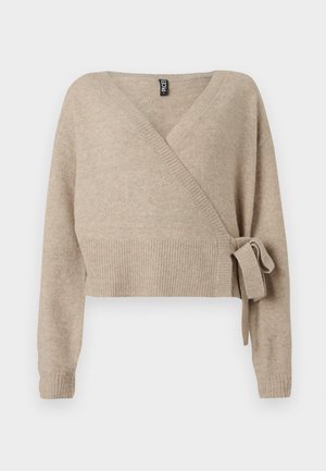 Beige knitted wrap sweater with long sleeves, ribbed cuffs and hem, and a side tie knot on the right.