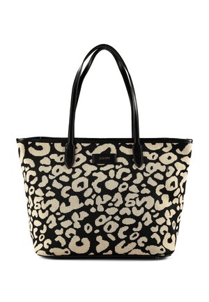 Schwarze und beige Leopardenmuster-Shopper-Tasche mit schwarzen Ledergriffen und einer kleinen mittig angebrachten Logoplakette mit der Aufschrift "JOOP!"