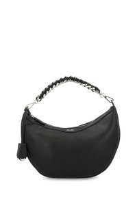 Borsa a mano in pelle nera con forma semisferica, superficie testurizzata e manico a catena intrecciata, dotata di una chiusura con zip in tonalità argentata.