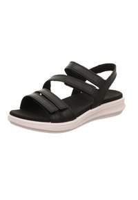 Schwarze synthetische Sandalen mit drei verstellbaren Riemen und einem gepolsterten Fußbett, ausgestattet mit einer niedrigen weißen Plattformsohle und strukturierten schwarzen Akzenten.