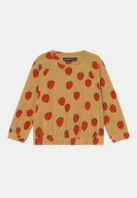 Suéter de algodón con mangas raglán, dobladillo elástico y mangas largas. Presenta un fondo beige con estampados de fresas rojas.