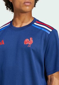 Maglietta sportiva blu con emblemma di gallo rosso, tre strisce orizzontali in rosso, bianco e blu sulle spalle e scollo arrotondato.