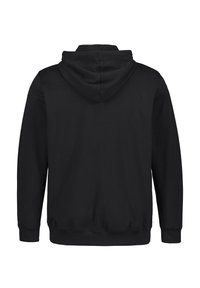 Sudadera negra con capucha ajustable, mangas largas, puños de canalé y dobladillo de canalé. Textura de tela suave, diseño liso sin adornos.