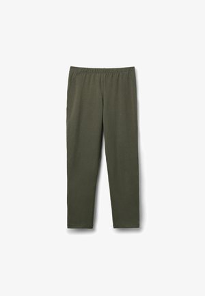 Pantalon droit vert olive avec taille élastique, fabriqué en tissu doux et léger.