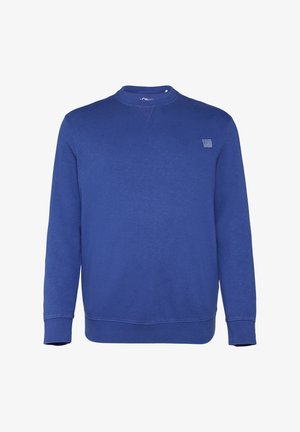Blaues Sweatshirt aus weichem Stoff, mit Rundhalsausschnitt, langen Ärmeln, gerippten Bündchen und einem kleinen Logopatch auf der Brust.
