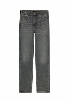Graue Denim-Jeans mit geradem Schnitt, ausgestattet mit vorderen Taschen, einem Knopfverschluss und dezenten Ausbleichungen an Oberschenkeln und Knien.