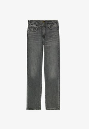 Graue Denim-Jeans mit geradem Schnitt, ausgestattet mit vorderen Taschen, einem Knopfverschluss und dezenten Ausbleichungen an Oberschenkeln und Knien.