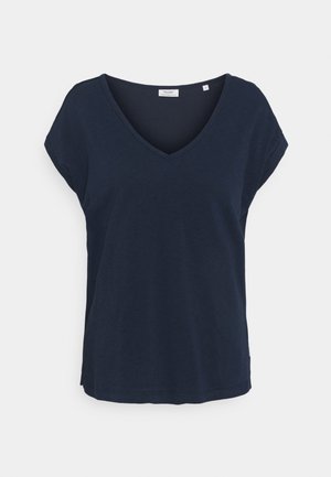 Donkerblauw T-shirt met korte mouwen en V-hals, gemaakt van zacht katoen, met een losse pasvorm en een rechte zoom. Minimale branding op het label.