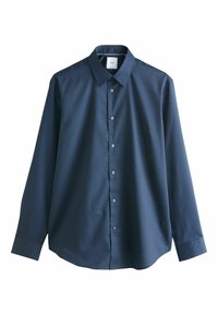 Granatowa koszula z długim rękawem, zapinana na guziki, z ostrym kołnierzykiem, guzikami z przodu i mankietami, wyeksponowana na białym tle.