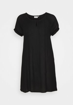 Schwarzes, kurzärmeliges Kleid mit entspannter Passform, runder Halslinie und einem Schlüssellochdetail an der Vorderseite. Glatte Textur, knielanges Design.