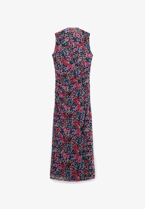 Blumenkleid mit taillierter Silhouette, ärmellosem Design, mit roten und lila Blumen auf dunklem Hintergrund und gerafften Seitendetails.