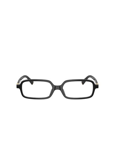 Occhiali rettangolari con montatura in plastica nera lucida, con dettagli dorati sulle aste e lenti trasparenti.