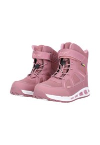 Rosa synthetische Mid-Top-Stiefel mit Netzpaneelen, Schnürsenkeln und Klettverschluss. Weiße Gummisohle mit strukturiertem Profil für besseren Grip. Leichtes Design.
