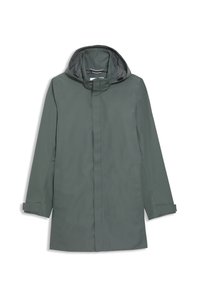 Imperméable vert avec capuche, doté d'une fermeture éclair à l'avant et d'une patte de boutonnage, de poches latérales et de manches ajustables. Texture de tissu lisse.