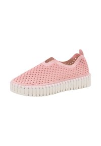 Pink slip-on shoe with breathable scalloped perforations and thick white ridged sole, designed for casual wear.