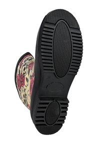 Gummistiefel mit schwarzer Sohle, einem floralen Muster und Schädel in Creme, Rosa und Schwarz. Strukturierter Grip an der Außensohle. Größe 39.