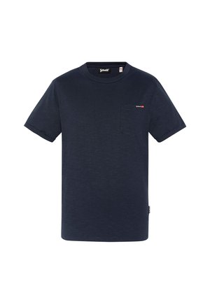 T-shirt a maniche corte di colore blu navy, realizzato in cotone, con collo rotondo, taschino sul petto e piccolo logo ricamato sul lato sinistro.