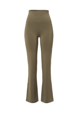 Zelené legíny s vysokým pasem vyrobené z hladkého, elastického materiálu, s rozšířeným spodním lemem a bez viditelných švů či kovových doplňků.