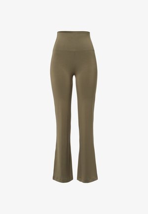 Leggings verde oliva a vita alta in un tessuto morbido e elastico, con orlo svasato e senza cuciture visibili o dettagli in metallo.