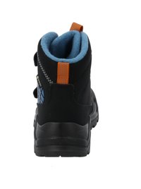 Schwarze Knöchelstiefel mit strukturiertem Obermaterial, blauer Fleece-Futter und orangem Zuglasche. Mit einem gemusterten Rücken und einer robusten Gummisohle.